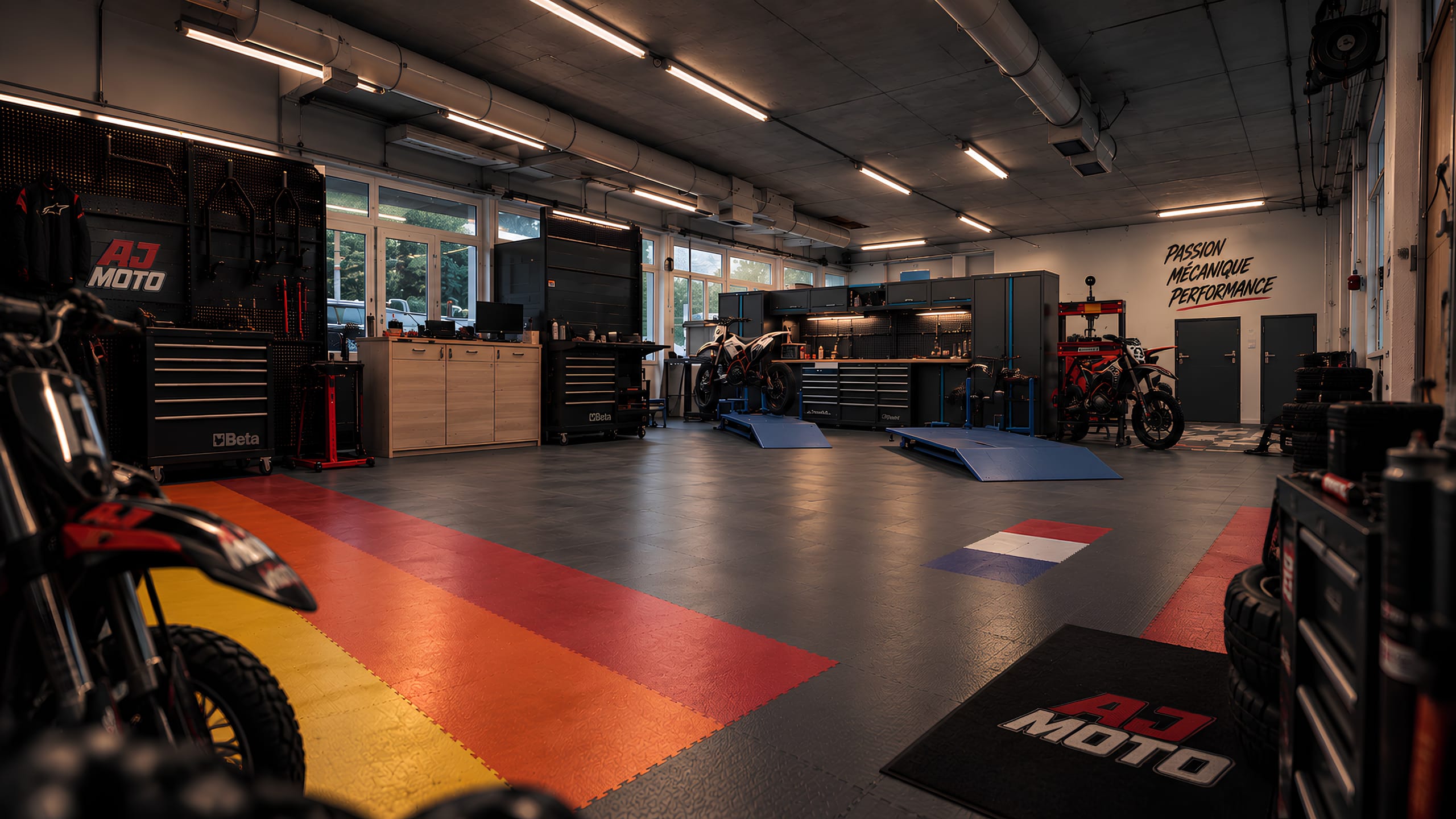 Intérieur de l’atelier AJ Moto à Frambouhans : ponts élévateurs, motos cross et de route, quad et servantes d’outillage